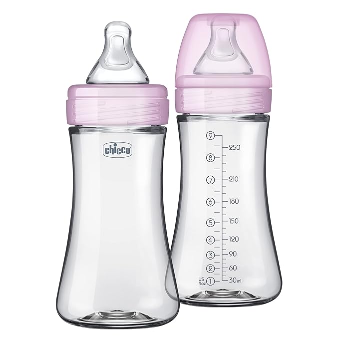 Chicco Duo 9oz. Hybrid Baby Bottle with Invinci-Glass Inside and Plastic Outside | Dishwasher, Bottle Warmer, and Electric Sterilizer Safe | Intui-Latch Nipple | Clear/Pink, 2pk-BubblyBeeBaby