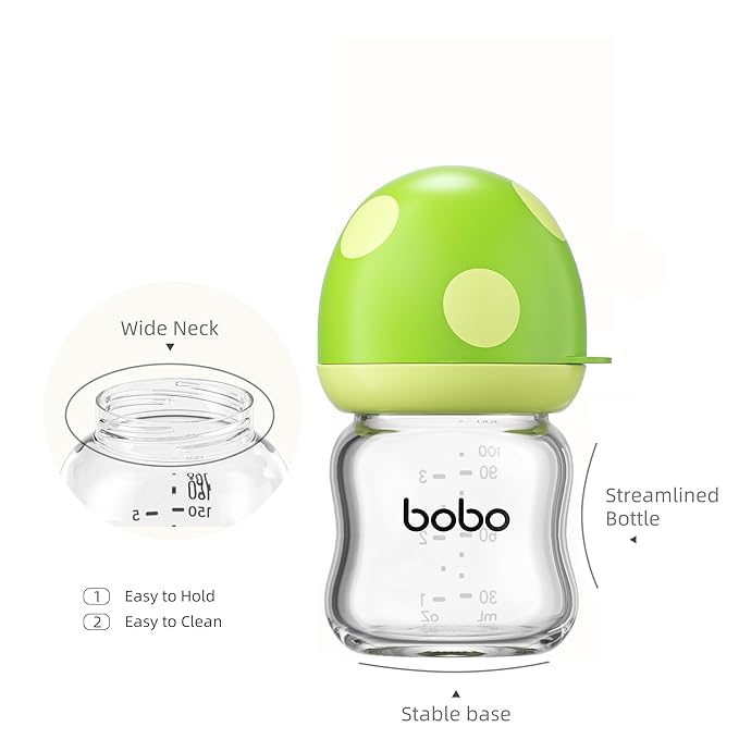 YOHKOH Natural Glass Baby Bottle with Natural Response Nipple, Newborn Anti-Colic Baby Bottles, Wide Neck Mushroom Cap Baby Bottle, Clear (Green, 3.4oz (Pack of 4))-BubblyBeeBaby