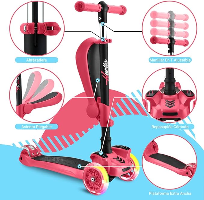 Hurtle 3-Wheeled Scooter for Kids - Wheel LED Lights, Adjustable Lean-to-Steer Handlebar, and Foldable Seat - Sit or Stand Ride with Brake for Boys and Girls Ages 1-14 Years Old-BubblyBeeBaby