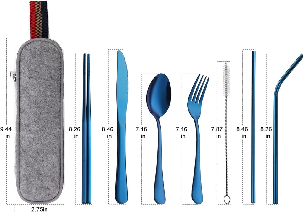 DEVICO Portable Utensils, Travel Camping Cutlery Set, 8-Piece including Knife Fork Spoon Chopsticks Cleaning Brush Straws Portable Case, Stainless Steel Flatware set (Blue)