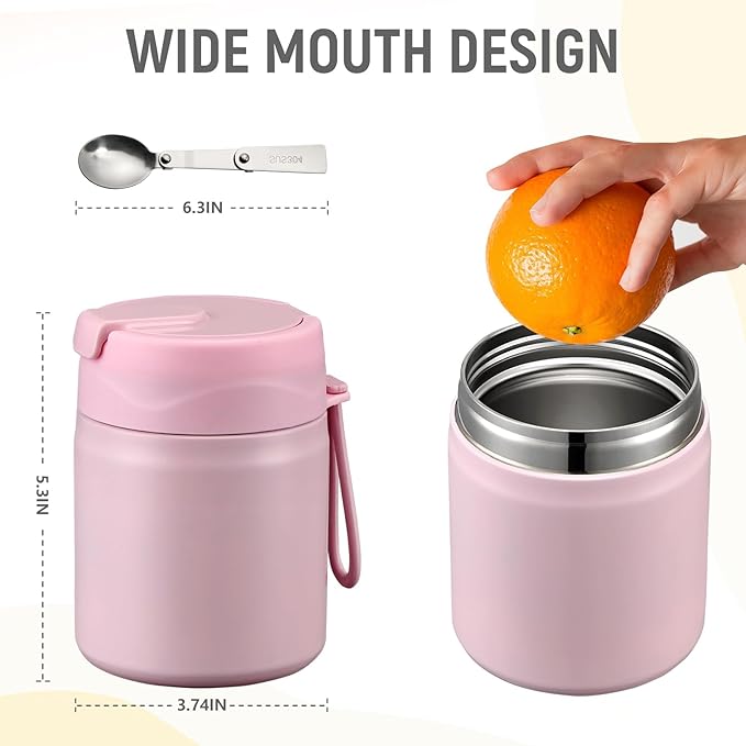 17oz Soup Thermo for Hot Food Kids Insulated Vacuum Food Jar with Stainless Steel Spoon Wide Mouth Thermo Leakproof Lunch Food Container Kids Hot Lunch Box (Pink)-BubblyBeeBaby