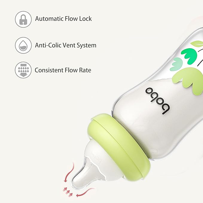 YOHKOH Natural Glass Baby Bottle with Natural Response Nipple, Newborn Anti-Colic Baby Bottles, Wide Neck Mushroom Cap Baby Bottle, Clear (Green, (5.4oz (Pack of 2))-BubblyBeeBaby