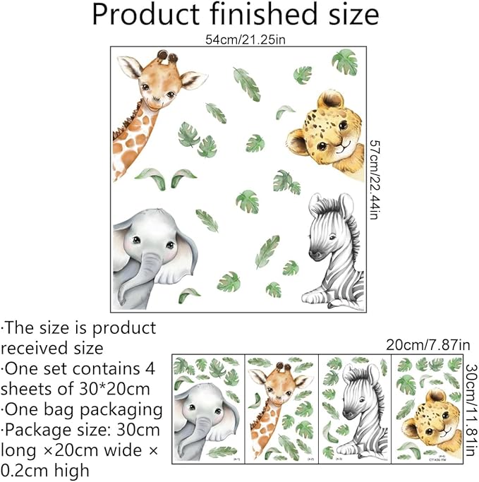 22.44 x 21.25 Inch Watercolor Jungle Animal Window Clings Tiger Lion Elephant Zebra Window Stickers Double-Side Safari Animal Window Stickers for Baby Nursery Playroom Bedroom Window Glass Wall Decor-BubblyBeeBaby