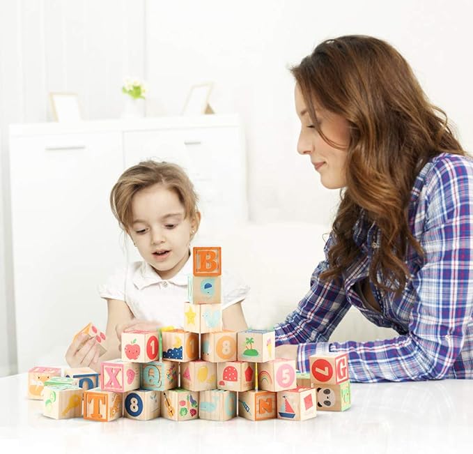 Joqutoys ABC Wooden Building Blocks for Toddlers 1-3 Large, 26 PCS Alphabet & Number Stacking Blocks, Educational Learning Toys for Boys Girls Kids Gifts 1.65''-BubblyBeeBaby