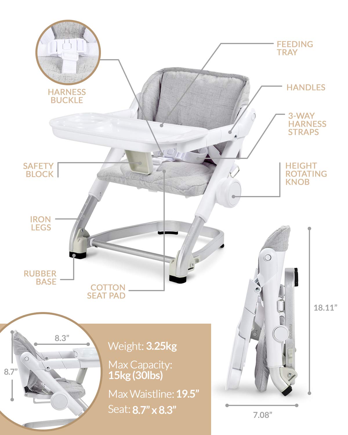 Feed Me 3-in-1 Travel High Chair Booster Seat for Infants and Toddlers - Transitional, Compact & Fits Any Chair, Swivel Tray, Shadow Gray