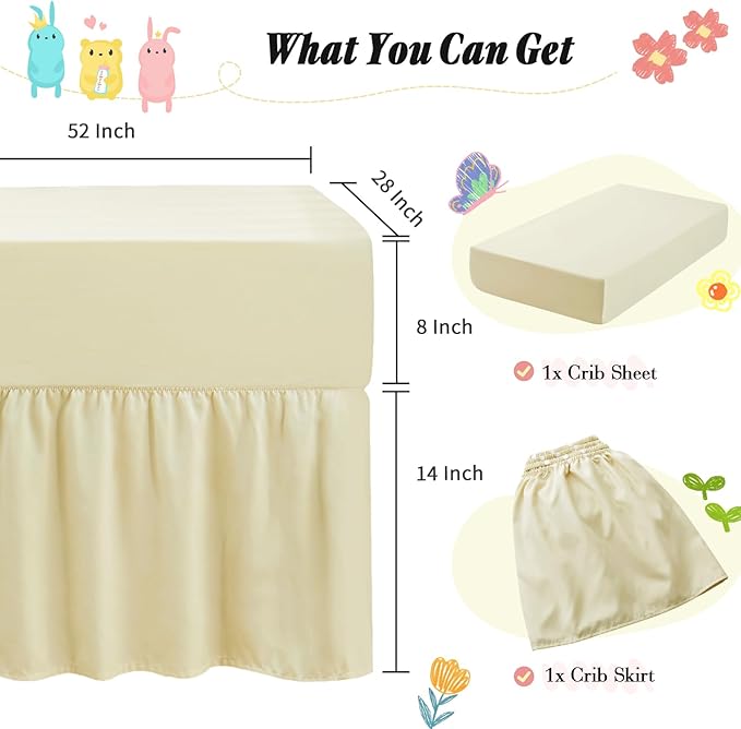 Horbaunal 2 Pack Crib Skirt & Crib Bed Sheet Set, Cream Crib Bed Skirt 28" x 52" with 14" Drop Dust Ruffle, Soft Microfiber Toddler Bedskirt Nursery Bedding Skirt for Baby Girls and Boys-BubblyBeeBaby