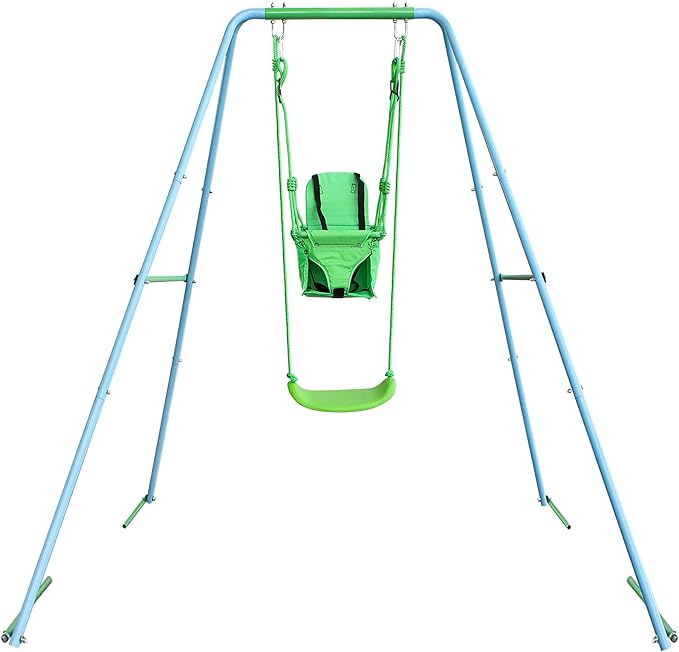 2-in-1 Toddler Swing Set with Metal Stand, Safety Belt & 4 Anchors - A-Frame Swing for Kids 6 Months+ (Blue, Indoor/Outdoor Backyard Playground)-BubblyBeeBaby