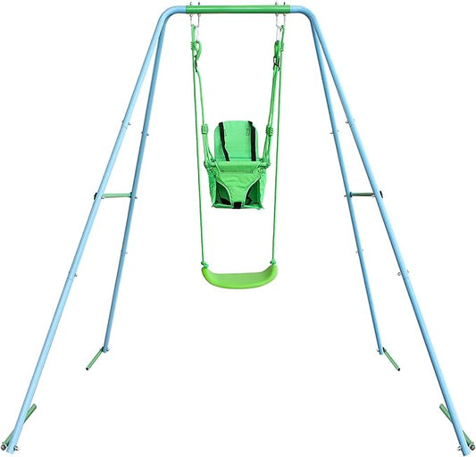 2-in-1 Toddler Swing Set with Metal Stand, Safety Belt & 4 Anchors - A-Frame Swing for Kids 6 Months+ (Blue, Indoor/Outdoor Backyard Playground)-BubblyBeeBaby