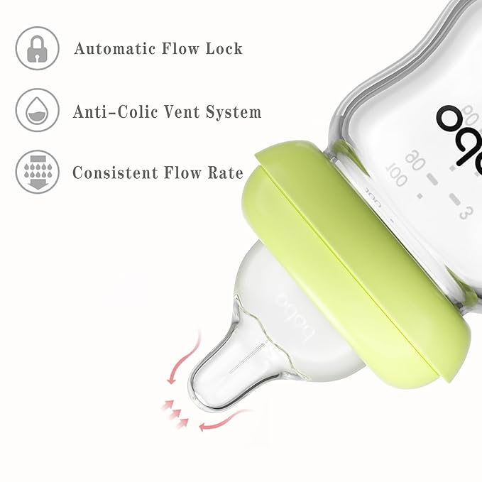 YOHKOH Natural Glass Baby Bottle with Natural Response Nipple, Newborn Anti-Colic Baby Bottles, Wide Neck Mushroom Cap Baby Bottle, Clear (Green, 3.4oz (Pack of 2))-BubblyBeeBaby