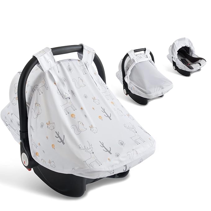 Baby Car Seat Cover, Soft Sun Shade Cover, Breathable Comfortable Privacy Carseat Canopy Protect for Newborn Infant Boys Girls (Animals)-BubblyBeeBaby