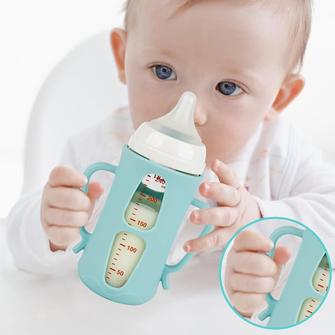 Silicone Sleeves for Pigeon Baby Bottles 8.1 oz,Anti Breakage Glass Baby Bottle Holder with Handles 2 Pack-BubblyBeeBaby
