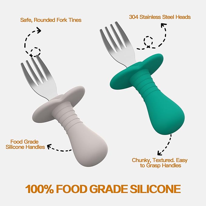2 Pcs Baby Forks Toddler Forks for Self Feeding, Kids Forks with Silicone Round Handle, Stainless Steel Toddler Utensils Children Safe Silverware Set, Anti-Choke Design, BPA Free-BubblyBeeBaby
