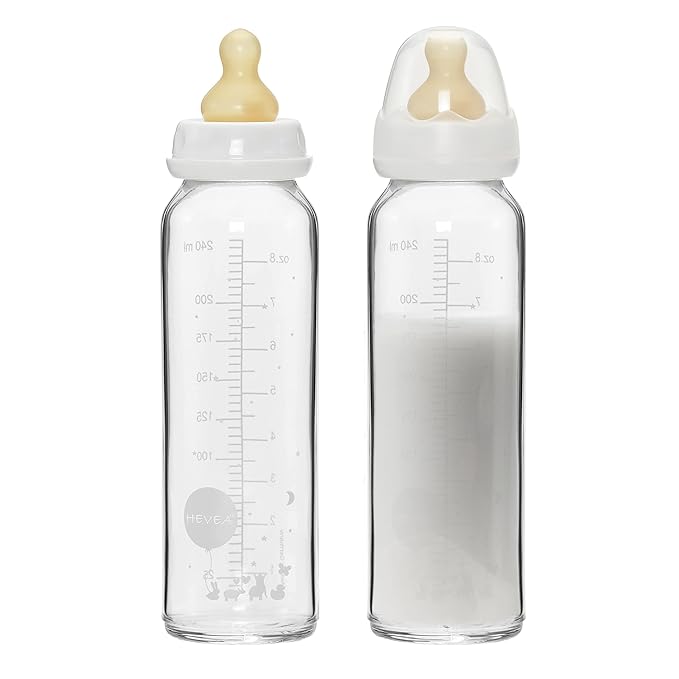 HEVEA Standard Neck Glass Baby Bottles - Medium Flow Anti Colic Baby Bottles (8 Ounce (Pack of 2))-BubblyBeeBaby