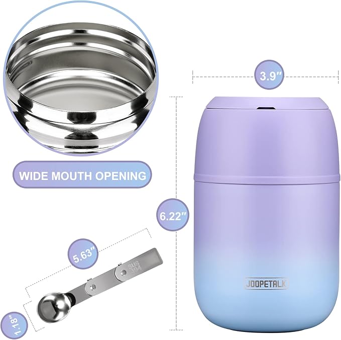 17 oz Insulated Lunch Containers Hot Food Jar, Wide Mouth Lunch Thermo for Hot Food Kids Adults, Vacuum Stainless Steel Thermo Lunch Box With Handle Folding Spoon for School, Office(Purple blue)-BubblyBeeBaby