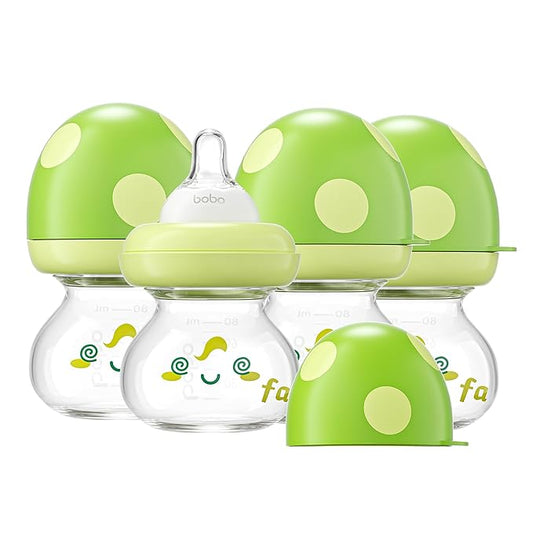 YOHKOH Newborn Glass Baby Bottles with Slow Flow Nipple for 0+ Months, Wide Neck Feeding Bottle, 2.7oz/80ml (Green, 2.7oz (Pack of 4))-BubblyBeeBaby