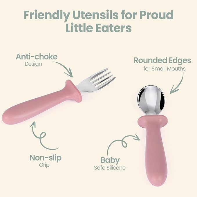 2 Pack Silicone Divided Baby Plates with Suction, 2 Pack Toddler Forks and Spoons Set, BPA Free, Baby Feeding Set for Toddler Utensils, Microwave and Dishwasher Safe-BubblyBeeBaby