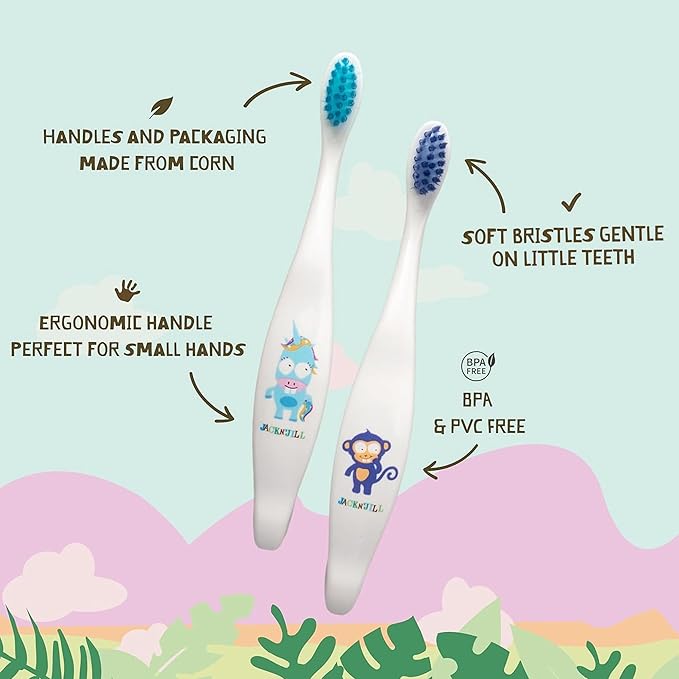 Jack N' Jill Kids Toothbrush - Extra Soft Bristle Toothbrush for Kids, Handle & Packaging Made from Plants (Corn), Ergonomic Handle for Little Hands - Dino Baby (1 Pack)-BubblyBeeBaby