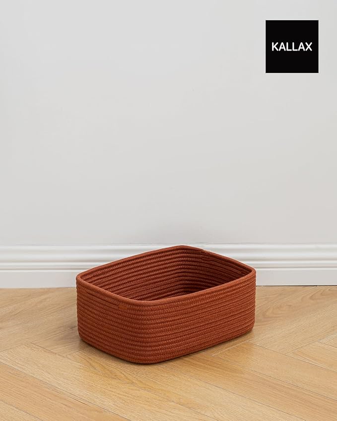 KALLAX Small Woven Basket, 13.5 x 9.5 x 5 Inches, Storage Basket for Organizing, Cute Small Rope Shelf Closet Cube Storage Bins Baskets for Shelves, Dog Toy Gift Baskets Empty, 3 Pack Rust Red-BubblyBeeBaby