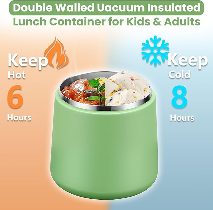 20oz Insulated Vacuum Food Jar with Buckle Lid,Soup Thermo for Hot Food Kids,Wide Mouth Leakproof Stainless Steel Lunch Container with Spoon-Green-BubblyBeeBaby
