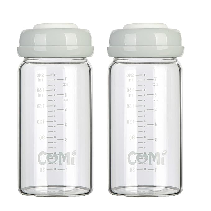 COMI Wide Neck Glass Breastmilk Collection n Storage Bottle, 8oz with Screw Ring Sealing Disk; Re-markable Sealing Disc. BPA Free, Fits Breast Pumps & Nipples (2 Gray Lids)-BubblyBeeBaby
