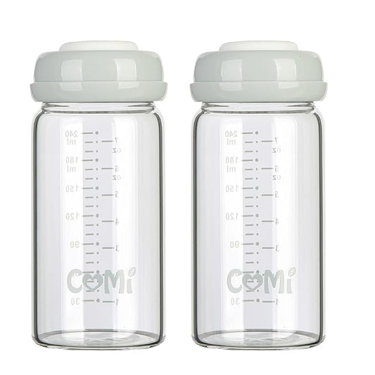 COMI Wide Neck Glass Breastmilk Collection n Storage Bottle, 8oz with Screw Ring Sealing Disk; Re-markable Sealing Disc. BPA Free, Fits Breast Pumps & Nipples (2 Gray Lids)-BubblyBeeBaby
