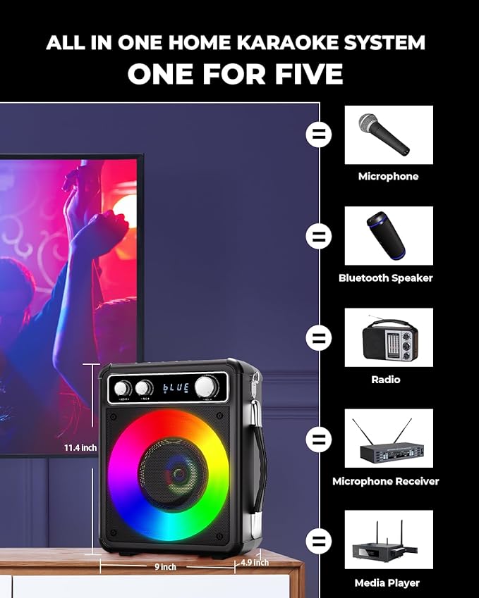 Karaoke Machine, Portable Bluetooth Karaoke Speaker with 2 Wireless Microphones, PA System for Adults Kids with LED Lights, Supports FM/AUX/USB/TF for Home Party-BubblyBeeBaby