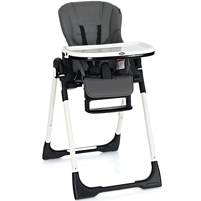INFANS High Chair for Babies & Toddlers, Foldable Highchair with Multiple Adjustable Backrest, Footrest and Seat Height, Removable Tray, Detachable PU Leather Cushion, Built-in Rear Wheels (Dark Grey)-BubblyBeeBaby