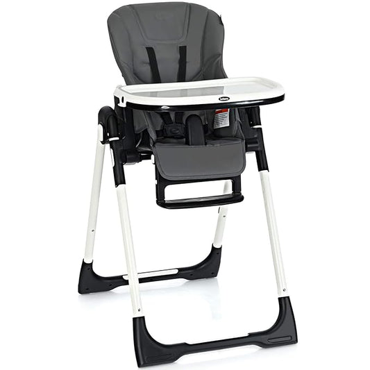 INFANS High Chair for Babies & Toddlers, Foldable Highchair with Multiple Adjustable Backrest, Footrest and Seat Height, Removable Tray, Detachable PU Leather Cushion, Built-in Rear Wheels (Dark Grey)-BubblyBeeBaby