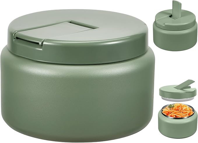 13.5oz Kids Thermos for Hot Food, Insulated Vacuum Food Jar with Buckle Lid, Stainless Steel Wide Mouth Leak Proof Insulated Lunch Container for School Picnic Travel, Green-BubblyBeeBaby