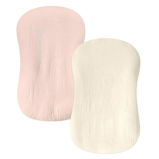 Hooyax Baby Lounger Cover 2 Pack - 100% Muslin Cotton Newborn Lounger Pillow Covers Only, Soft Breathable Infant Lounger Cover with Reinforced Stitching, Fits Most Standard Baby Loungers (Pink Wheat)-BubblyBeeBaby