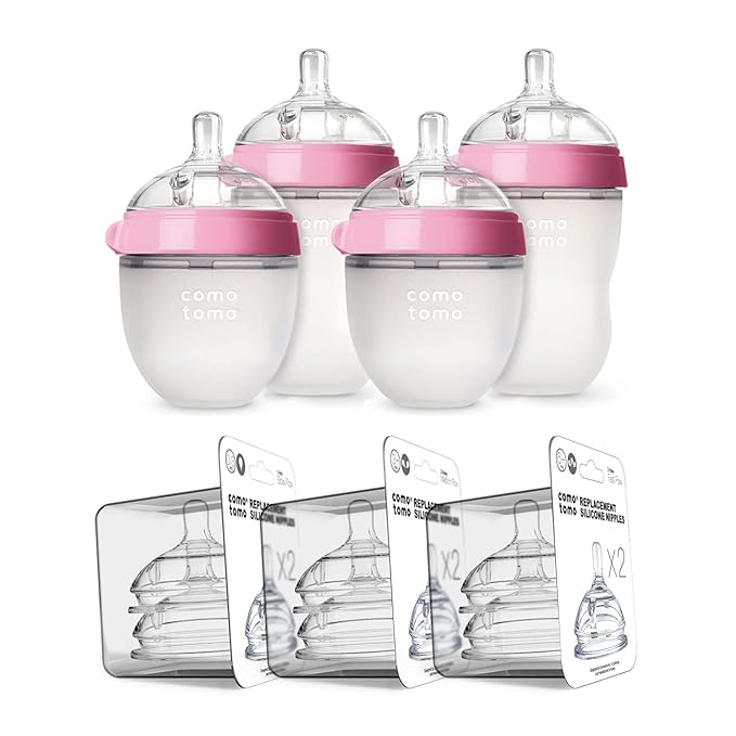 Comotomo Baby Bottle Bundle, Pink, (7 Piece Set)-BubblyBeeBaby