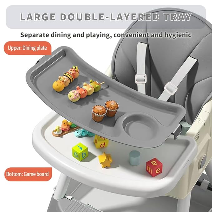 High Chairs for Babies and Toddlers, 4 in 1 Convertible Baby High Chair, Portable High Chair for Travel with Adjustable Height and Back, Foldable HighChair with Wheels& Pu Cushion (Grey)-BubblyBeeBaby