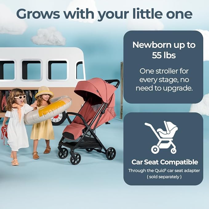 Inglesina Quid³ Stroller, Aurora Pink - Compact Reclining Travel Stroller for Baby & Toddler 0-55 lbs, One Hand fold, Car seat Compatible, Airplane Overhead, Lightweight, Foldable, XL UPF 50+ Canopy-BubblyBeeBaby