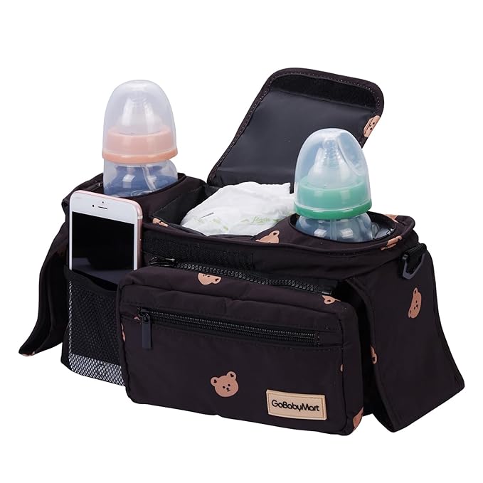 Universal Stroller Organizer with Cup Holders, Detachable Wristlet | Fits All Strollers | Stroller Diaper Bag Organizer with Phone Pocket, Insulated Bottle Holder & Storage Compartments-BubblyBeeBaby