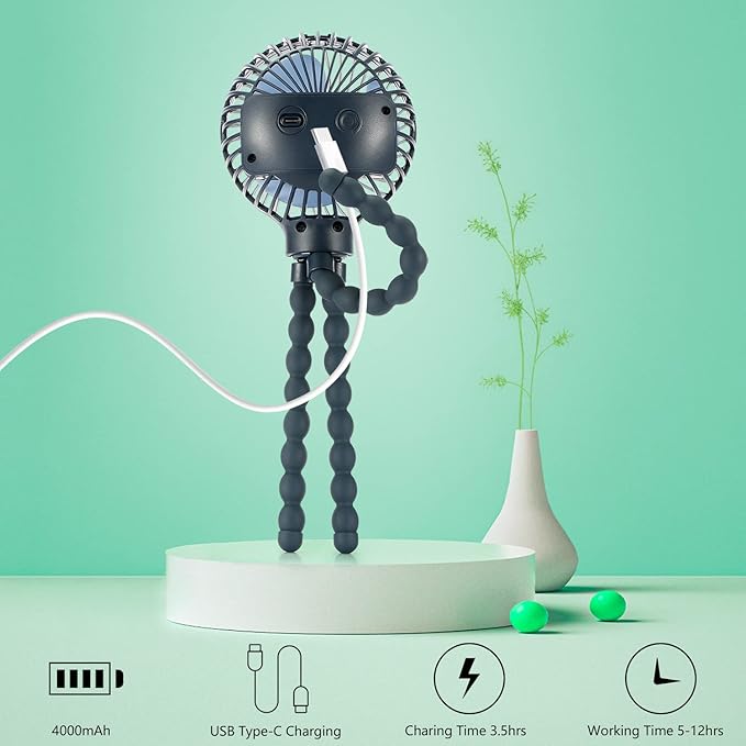 snawowo Mini Handheld Personal Portable Fan, Baby Stroller Fan, Car Seat USB or Battery Powered, with Flexible Tripod Clip on Student Bed Desk Bike Crib Treadmill Camping Traveling(Dark Blue)-BubblyBeeBaby