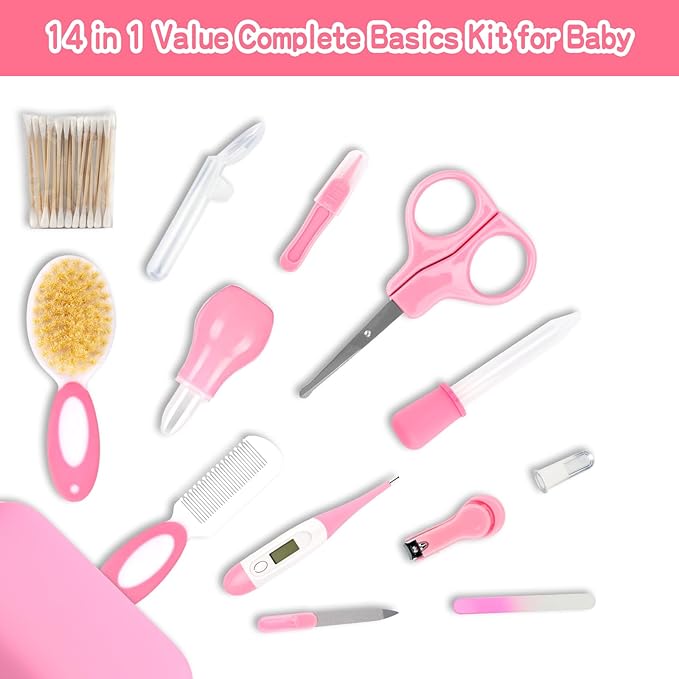 Baby Grooming Kit，Infant Safety Care Setwith Hair Brush Comb Nail Clipper Nasal Aspirator, Baby Essentials Kit for Newborn Girls Boys (14 PC-Pink Kit)-BubblyBeeBaby