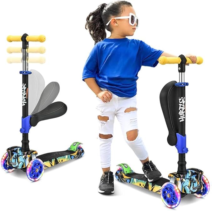 Hurtle 3-Wheeled Scooter for Kids - Wheel LED Lights, Adjustable Lean-to-Steer Handlebar, and Foldable Seat - Sit or Stand Ride with Brake for Boys and Girls Ages 1-14 Years Old-BubblyBeeBaby