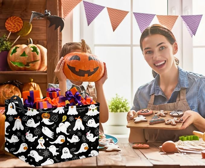 HIYAGON Rectangular Halloween Basket for Boys and Girls Kids Trick or Treat Pumpkin Basket for Halloween Parties Cute Storage Bin Organizer Box Room Decor(Black ghost)-BubblyBeeBaby