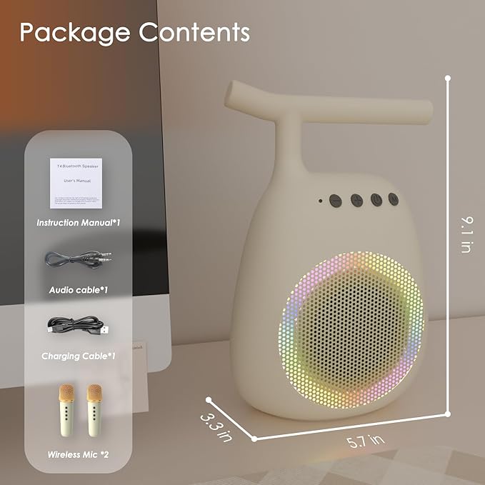 Karaoke Machine for Kids Adults Portable Bluetooth Speaker with 2 Wireless Microphones LED Lights Artistic Design 8-Hour Battery Support Family&Party Choice Fun for All Ages Gifts-BubblyBeeBaby