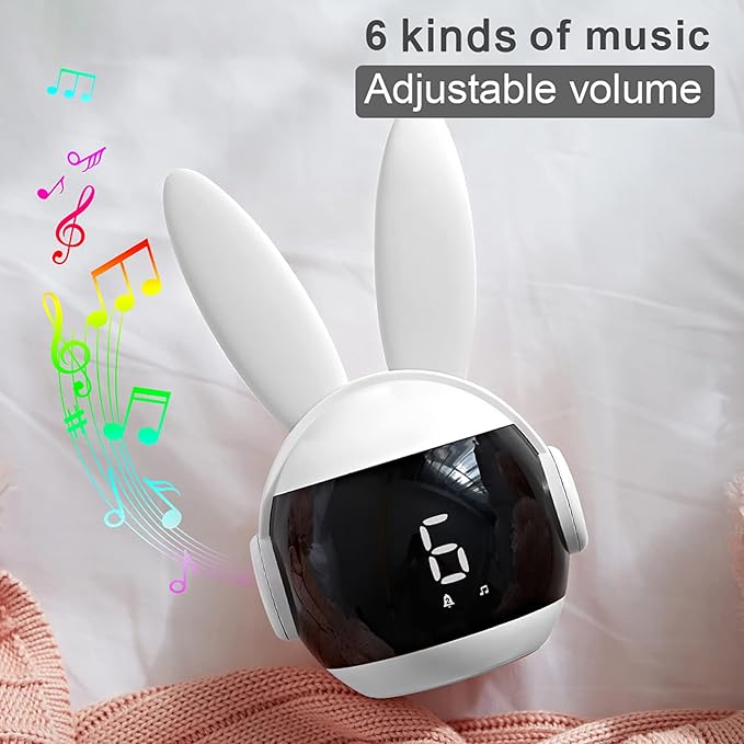Kids Alarm Clock for Kids, Bunny Alarm Clocks for Girls Boys, White Kid Alarm Clock with Ringtones & Night Light Rechargeable Snoozing-BubblyBeeBaby