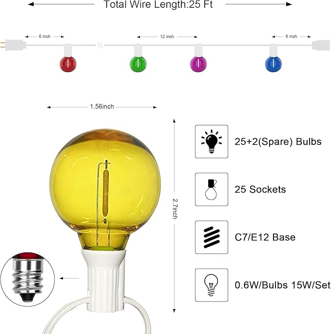 25Ft LED Outdoor String Lights, G40 Outdoor Christmas Decorations Lights Waterproof with 27 LED Globe Multicolor Bulb, Hanging Vintage Christmas Lights for Patio Roofline Backyard Garden Party Decor-BubblyBeeBaby