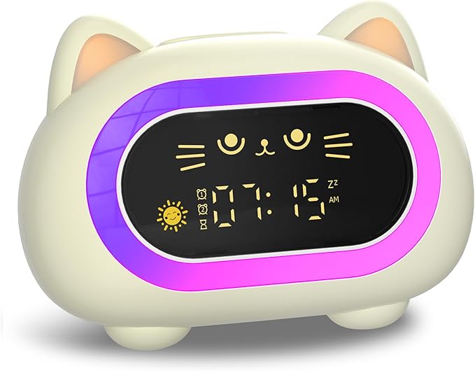 Honesorn Alarm Clock for Kids, Ok to Wake Clock for Kids, Cute Cat Kids Alarm Clock for Girls Boys Toddler, Kids Clock with 10 Night Lights, 7 Soothing Sounds, Auto-Off Timer, Child Lock, Cream White-BubblyBeeBaby