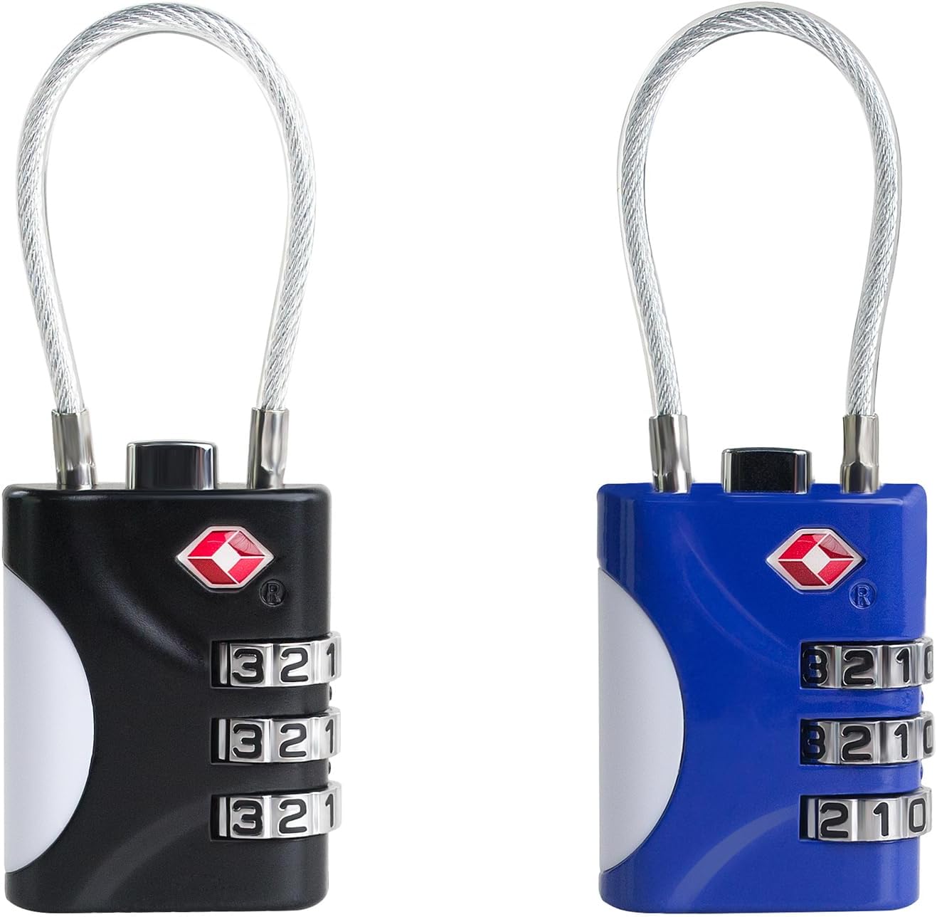 TSA Approved Luggage Locks - Small Combo Travel Padlock with Cable, TSA 007 Suitcase & Backpack Security, Durable & Easy to Use (Black+Blue)