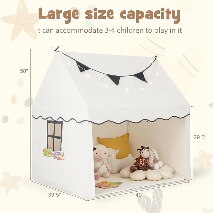 INFANS Kids Play Tent with Washable Mat Star Light Windows, Anti-Trip Large Playhouse Toys for Children Boys Girls, Indoor Outdoor Princess Tents Castle for Toddlers (Black- Wide Door)-BubblyBeeBaby