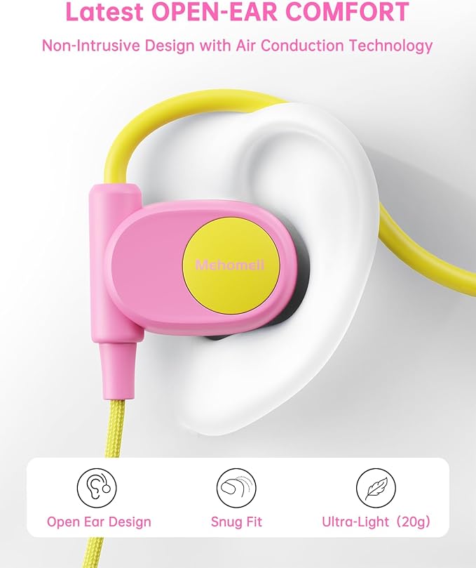Kid Headphones for School, Air Conduction Open Ear Headphones, 3.5mm Jack Wired Cord, Ultra-Comfort, Ergonomic and Lightweight Design Perfect for School and Outdoor Activities-Yellow Pink-BubblyBeeBaby