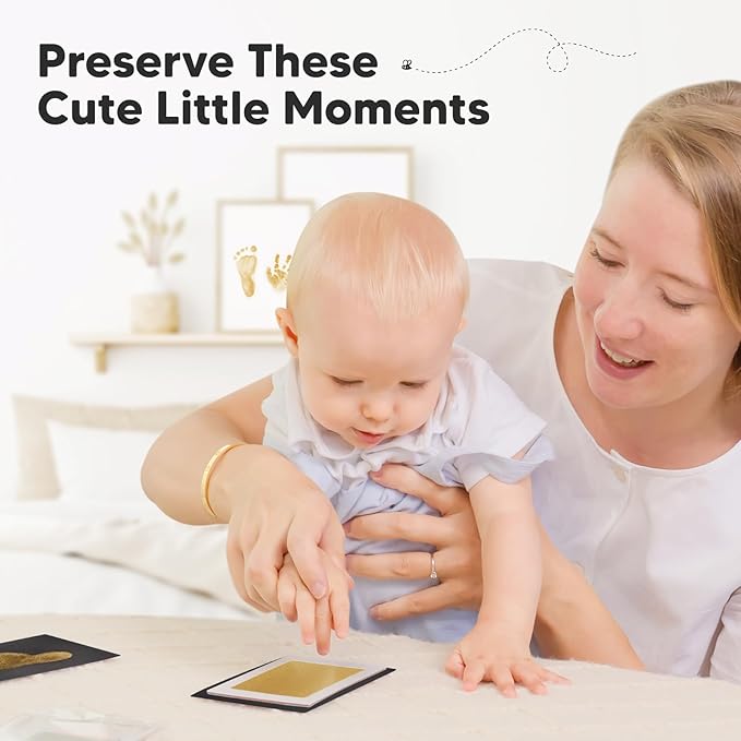 2-Pack Inkless Baby Hand and Footprint Kit - Mess Free Ink Pad for Newborn Keepsake, Dog Nose & Paw Print Kit, Clean Touch Ink Pad for Baby Hand & Footprints, Ideal New Mom Gifts (Gold)-BubblyBeeBaby