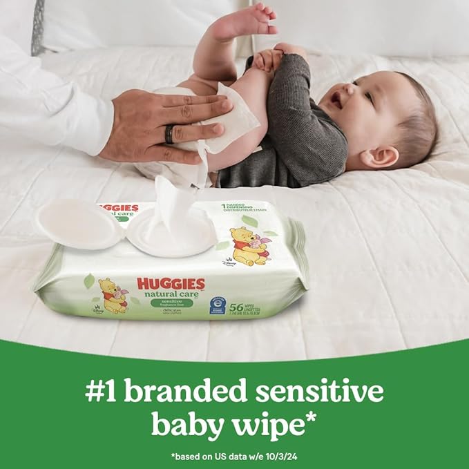 Huggies Natural Care Sensitive Baby Wipes, Unscented, Hypoallergenic, 99% Purified Water, 9 Flip-Top Packs (3 packs of 3), 504 Total Wipes (56 Wipes per pack), Packaging May Vary-BubblyBeeBaby
