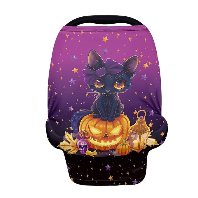 Binienty Black Cat Car Seat Covers for Babies Galaxy Pumpkin Cats Moon Nursing Covers Stretchy Breastfeeding Scarf Multi Use Carseat Covers for Stroller-BubblyBeeBaby