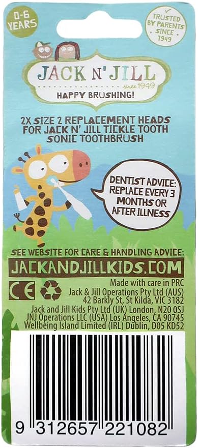 Jack N' Jill Tickle Tooth Sonic Electric Toothbrush Replacement Heads - Gentle Cleaning, Made for Tiny Teeth, LED Inspection Light, Extra Soft Bristles, for Babies & Kids - (1 Pack - Set of 2)-BubblyBeeBaby