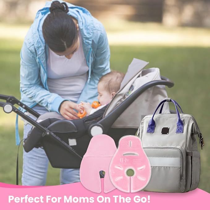 2 Larger Breast Ice Packs with Soft Covers and 6 Breast Pads for Leaking Milk, Hot and Cold Breast Therapy Packs, Breastfeeding Essentials for Relief of Clogged Ducts, Nipple Pain, Engorgement(Pink)-BubblyBeeBaby